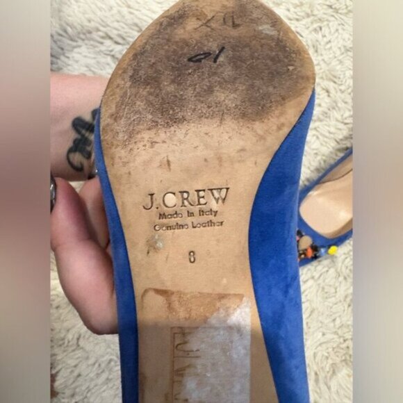 J Crew COLLECTION Dulci Suede Kitten Heels Women’s Size 8 Jeweled Blue Italy - Picture 13 of 16